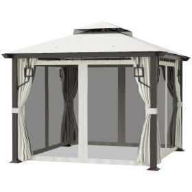 10' x 10' Patio Gazebo Outdoor Canopy Shelter with Aluminum Frame, Double Tier Roof, Netting and Curtains for Garden, Lawn, Cream White
