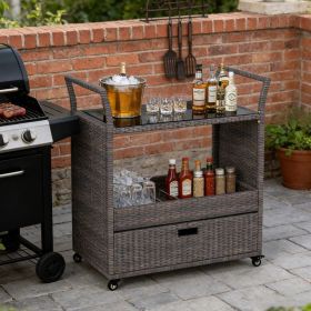 Outdoor Wicker Bar Cart Table Glass Tabletop,with Tempered Glass Top with 4 Universal Wheels for Patio, Porch, Garden, Backyard and Poolside