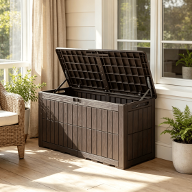 100 Gal Outdoor Deck Box Waterproof Lockable for Tools And Cushions Storage Pool Area Use