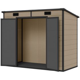8' x 4' Plastic Outdoor Storage Shed with Floor, Window, Lockable Doors and Vents for Backyard Patio Lawn, Light Brown