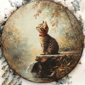 CIFbuy Vintage Tabby Cat Wall Art, "" Tabby Cat Wall Art, Wall Art, Round Kitten Plaque With Waterfall StreamTikTok, Temu Self-pickup Logireics (Option: defaulttitle)