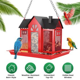 Metal Hanging Bird Feeder House Classic Barn Bird Feeder House Iron Hanging Outdoor Feeder with Visible Window and Lift Top Lid 15.75in Hanging L (Color: Red)