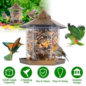 Hanging Gazebo Wild Bird Feeder Outdoor Bird Seed Station with Large Capacity 6 Feeder Ports for Garden Patio Park Weatherproof Easy To Refill (Color: Brown)
