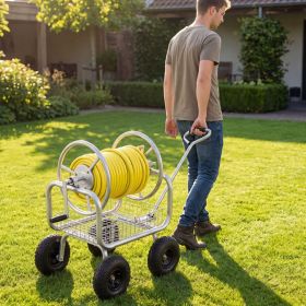 Garden Hose Reel Cart 300 Feet Large Capacity with 4 Wheels and Storage Basket (Color: Silver)