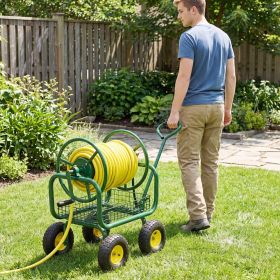 Garden Hose Reel Cart 300 Feet Large Capacity with 4 Wheels and Storage Basket (Color: Green)