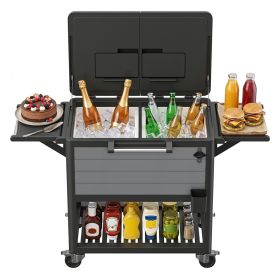 Rolling outdoor cooler cart equipped with dual side lids, foldable wing shelves and omnidirectional casters, with built-in bottle opener (Color: Gray)