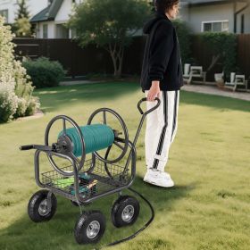 Garden Hose Reel Cart 300 Feet Large Capacity with 4 Wheels and Storage Basket (Color: Gray)