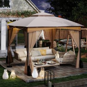 10 X 10 FT Heavy-Duty Patio Gazebo with Netting Walls and 4 Sandbags (Color: Khaki)